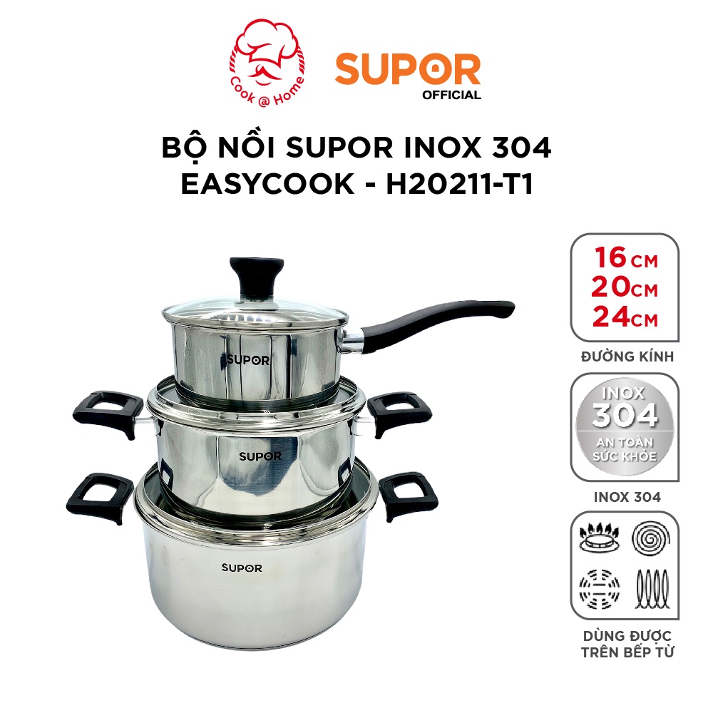 Bộ nồi Supor inox 304 Easycook size 16, 20, 24cm - H20211-T1