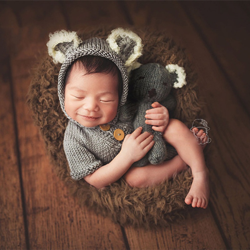 Bộ 2 Mũ Beanie Kèm Gấu Koala Nhồi Bông Dệt Kim Dùng Làm Phụ Kiện Chụp Ảnh Cho Bé Sơ Sinh