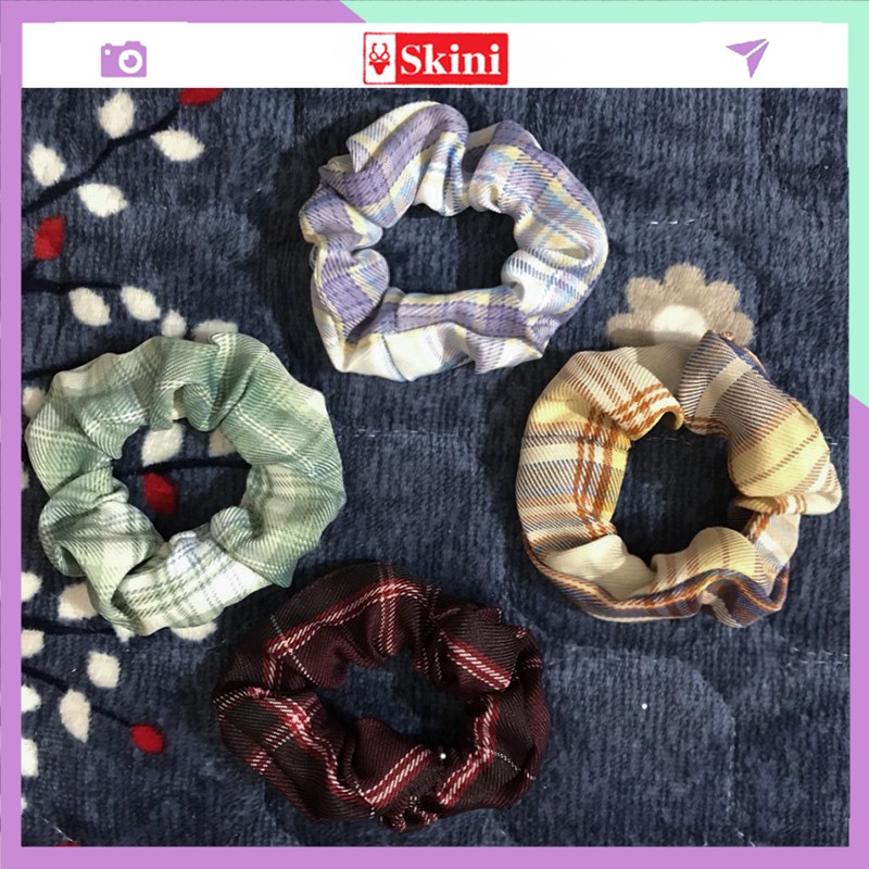 Cột Tóc Vải Scrunchies Họa Tiết Caro Vintage Hàn Quốc, Dây Buộc Tóc Scrunchies Cứng_BT08