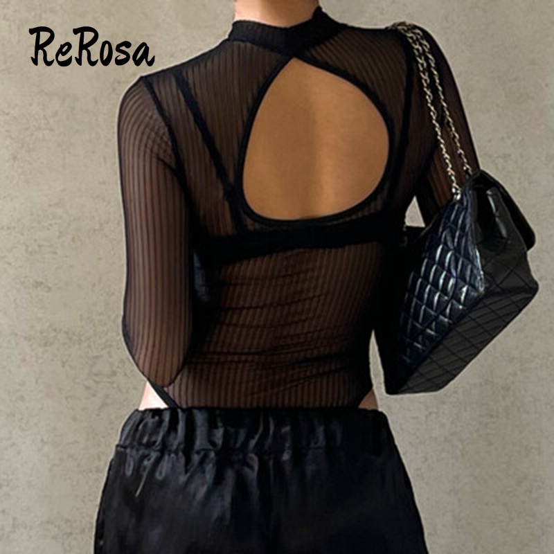 Rerosa Bộ Áo Liền Quần Dài Tay Phối Lưới Ôm Dáng Cắt Xẻ Quyến Rũ Cho Nữ | BigBuy360 - bigbuy360.vn