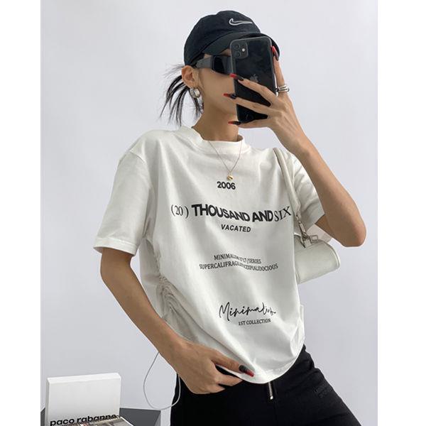 Áo Thun Cotton Tay Ngắn Dáng Rộng Phối Dây Rút Phong Cách Âu Mỹ Thời Trang Cho Nữ