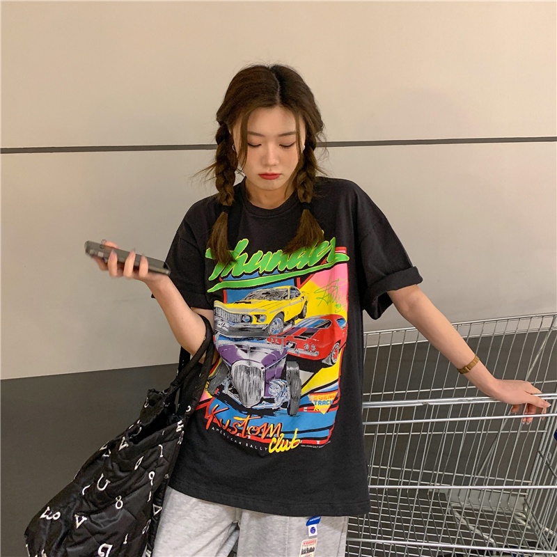 Áo thun tay ngắn cổ tròn dáng rộng in họa tiết phong cách vintage Hàn Quốc thời trang cho nữ 2 màu lựa chọn