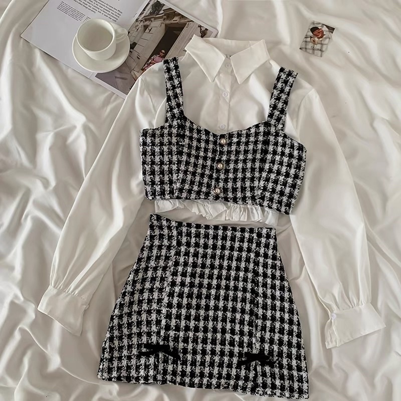 Set Tweed Hai Dây Croptop Caro Chân Váy Chữ A Và Sơmi Croptop Tay Bồng Trắng