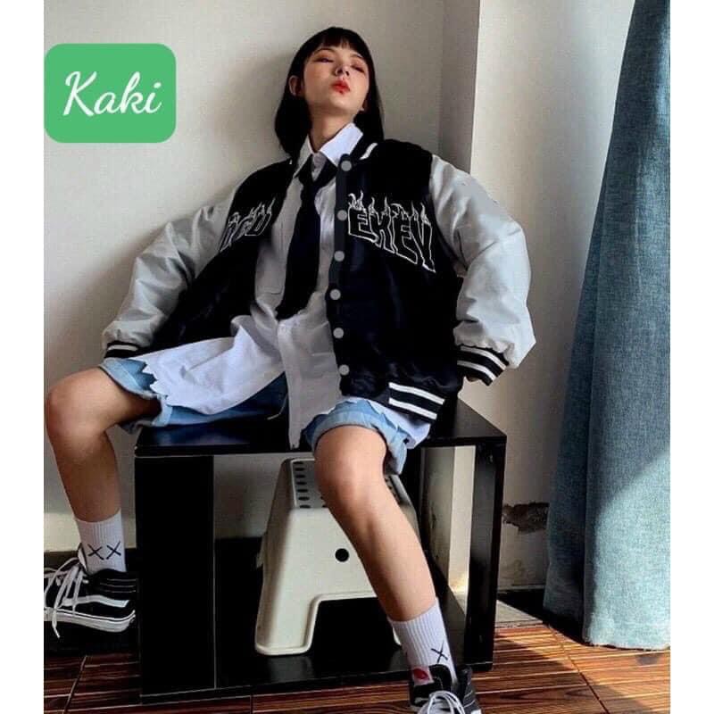 Áo khoác bomber phối tay chất kaki unisex EKE_Áo khoác nam nữ tay bồng basic, cá tính, hottrend