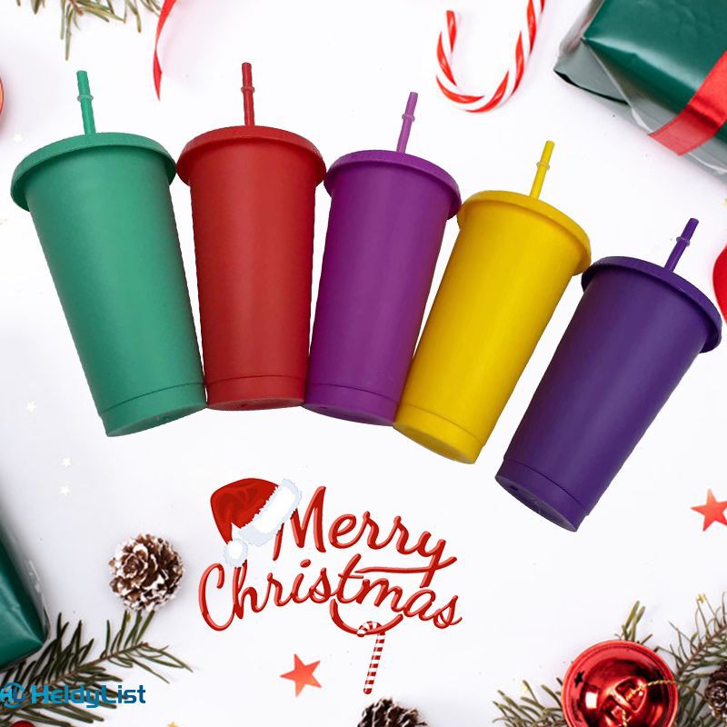Ly nhựa rơm uống nước có nắp đậy nhiều màu sắc có thể tái sử dụng dùng làm quà tặng giáng sinh /dịp năm mới
