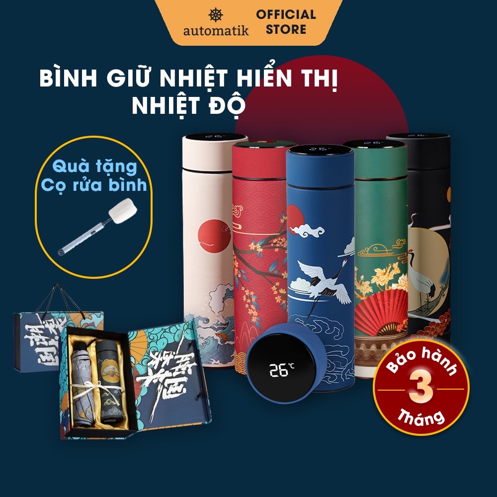 Bình Giữ Nhiệt Hiển Thị Nhiệt Độ Nước Nóng Lạnh Hoa Văn Cổ Trang Cute Mini Inox 304 + Tặng Cọ Rửa Bình - Automatik