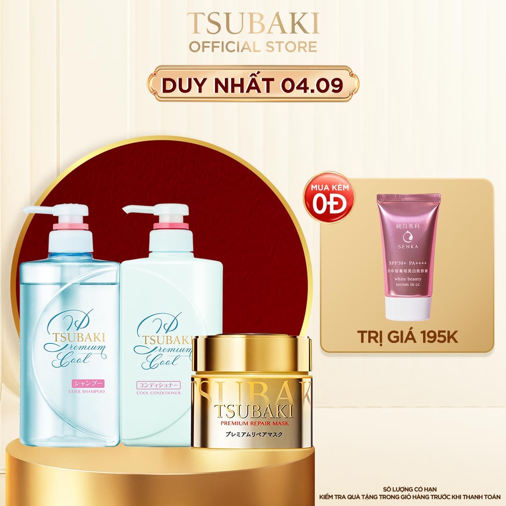 Bộ đôi gội xả Sạch Dầu Mát Lạnh Tsubaki Premium Cool Set (490ml/chai) và Mặt nạ tóc phục hồi hư tổn Tsubaki (180g)
