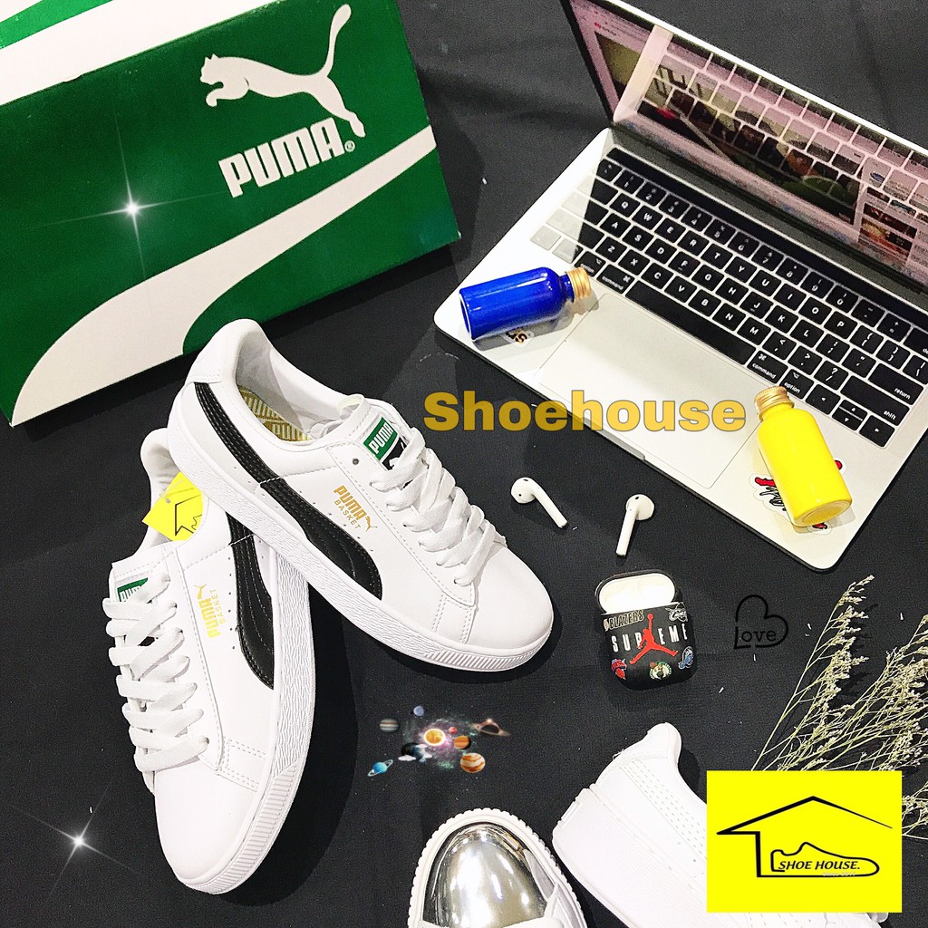 giày thể thao đế bằng Puma Basket Skate màu trắng vạch màu đen