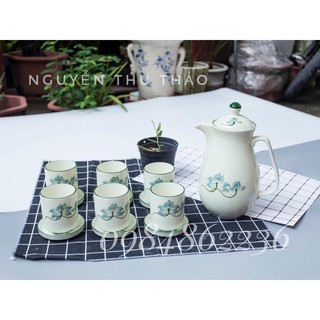 Bộ ấm chén dáng bình nước vẽ hoa men kem Bát Tràng - Bộ bình nước sứ đẹp
