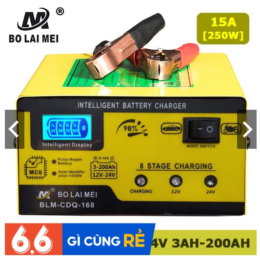 Bộ sạc ắc quy 12v/24v 3AH - 200ah BT-168 máy sạc bình xe máy ôtô xe tải thông minh tự động ngắt khi đầy