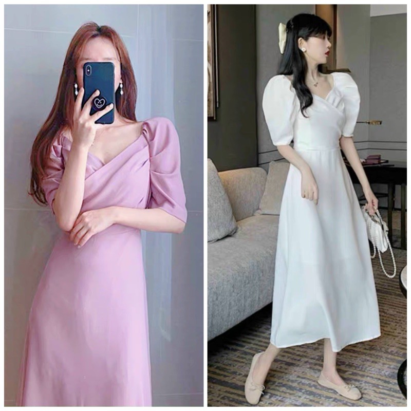 Đầm tay phồng thắt eo 2 màu (kèm hình thật)