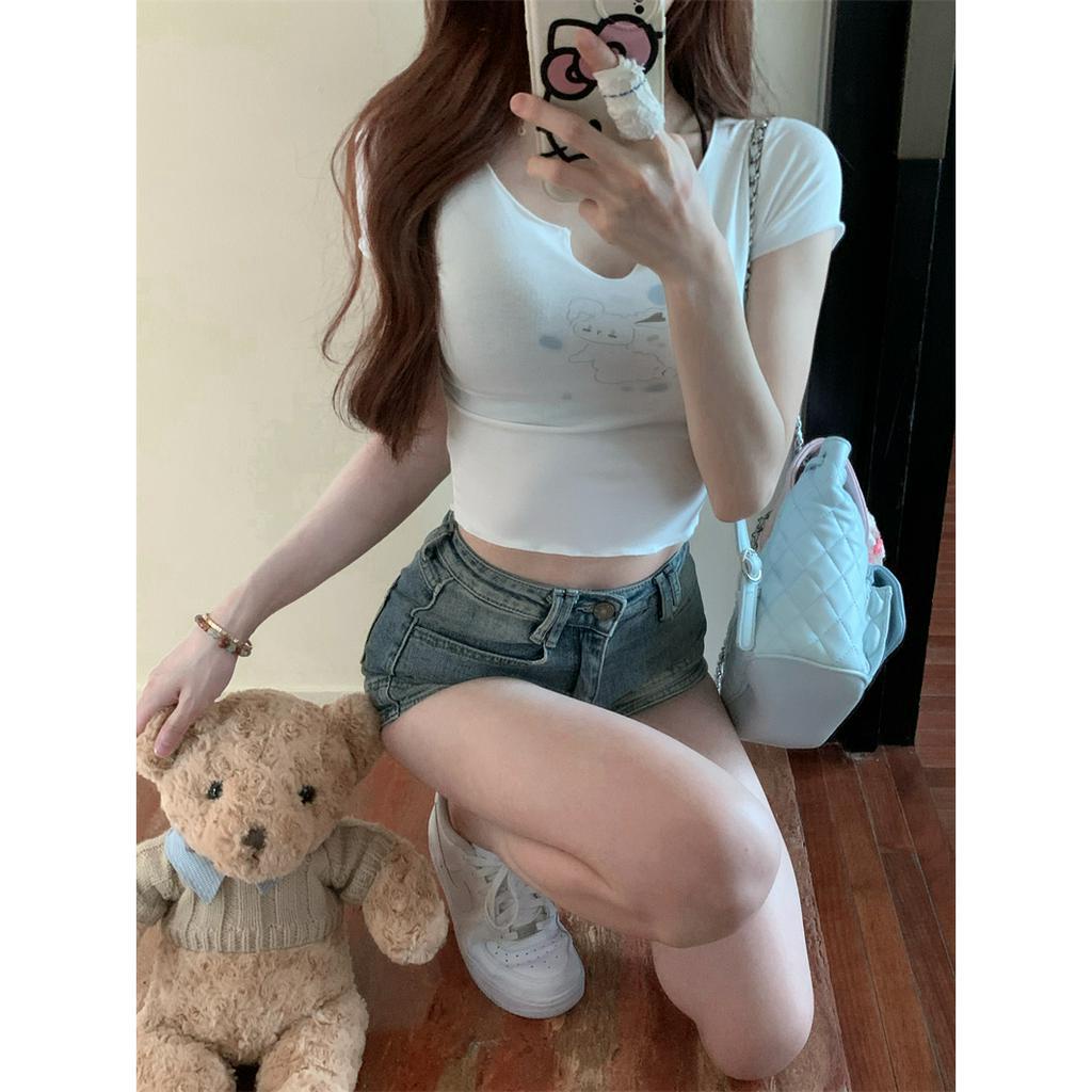 QADCOL Áo Thun Tay Ngắn Hở Rốn Dáng Ôm In Hình Thỏ Màu Trắng Thời Trang Mùa Hè Hàng Mới Dành Cho Bạn Nữ