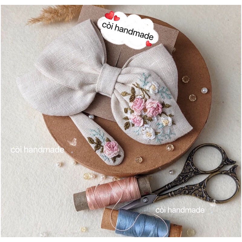 Set Cặp tóc + Nơ thêu handmade