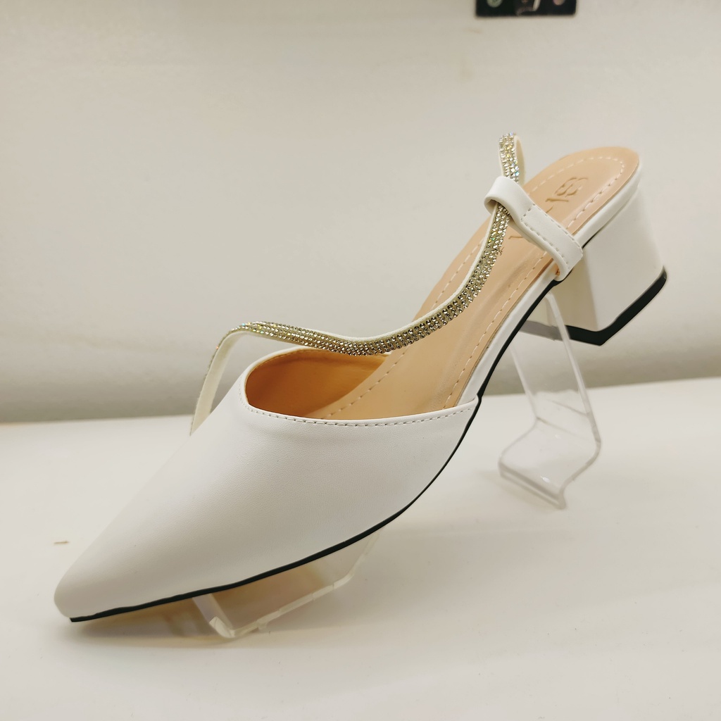 Sục nữ mũi nhọn 5 phân cao gót phối dây kim tuyến Thiên Hương VNXK BP64N9 Guốc nữ 5p 2 màu đen trắng da lộn