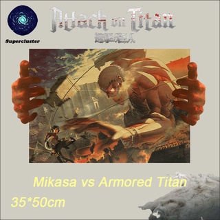 Áp phích treo tường trang trí nội thất hình attack on titan mikasa vs armored titan 50.5x35cm