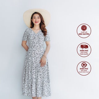Đầm maxi thiết kế cao cấp dành cho tuổi trung niên - Cổ tim tay ngắn màu Trắng hoa - TTV1014