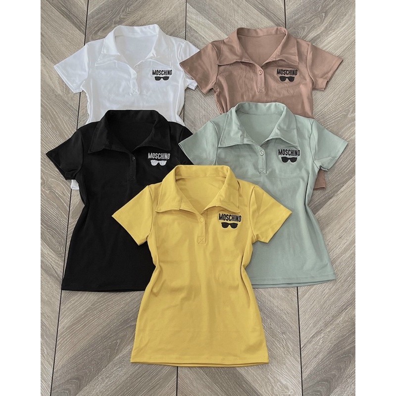 Áo thun body có cổ thêu chữ và kính kèm ảnh thật