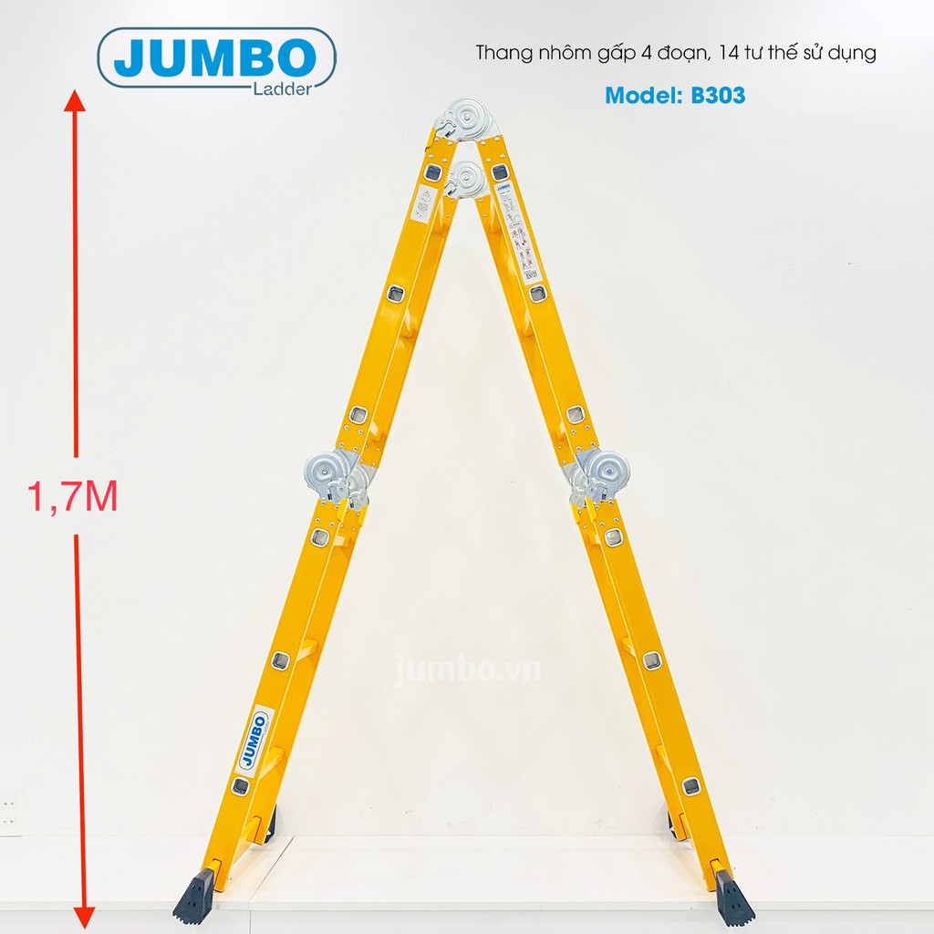 Thang nhôm gấp 4 đoạn JUMBO B303, B304 - Mẫu 2020 cao cấp, tải trọng 300kg, chiều cao từ 1.7m đến 4.7m
