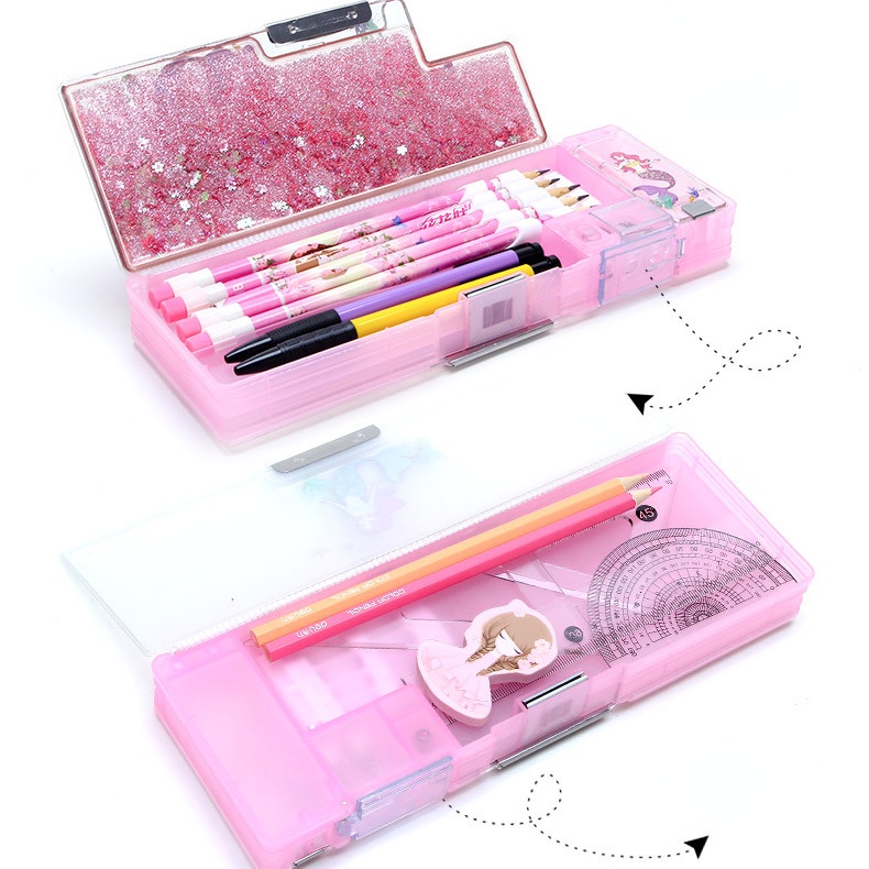Hộp Đựng Bút Hai Ngăn Bằng Nhựa Họa Tiết Hoạt Hình Lấp Lánh Đa Năng Sáng Tạo Dễ Thương Dành Cho Bé Gái