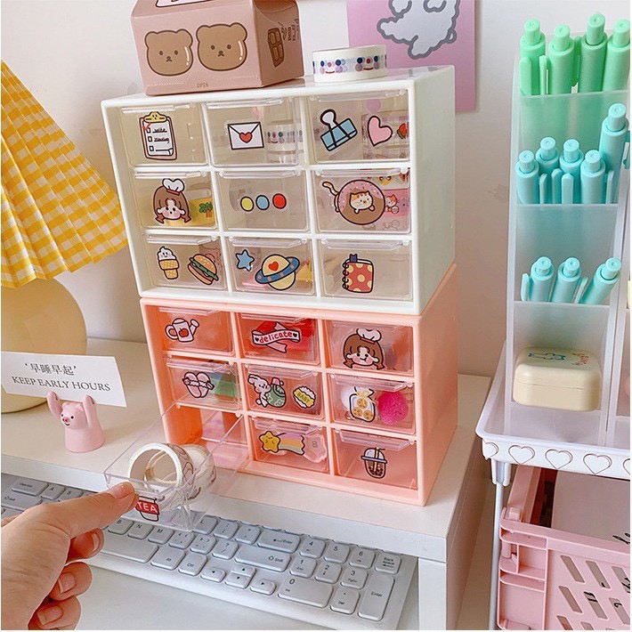 TIỆM Hộp 9 ngăn kéo,kệ 9 ô mini chống bụi lưu trữ để bàn văn phòng phẩm trang sức/vòng tay/mỹ phẩm dễ thương Hàn Quốc