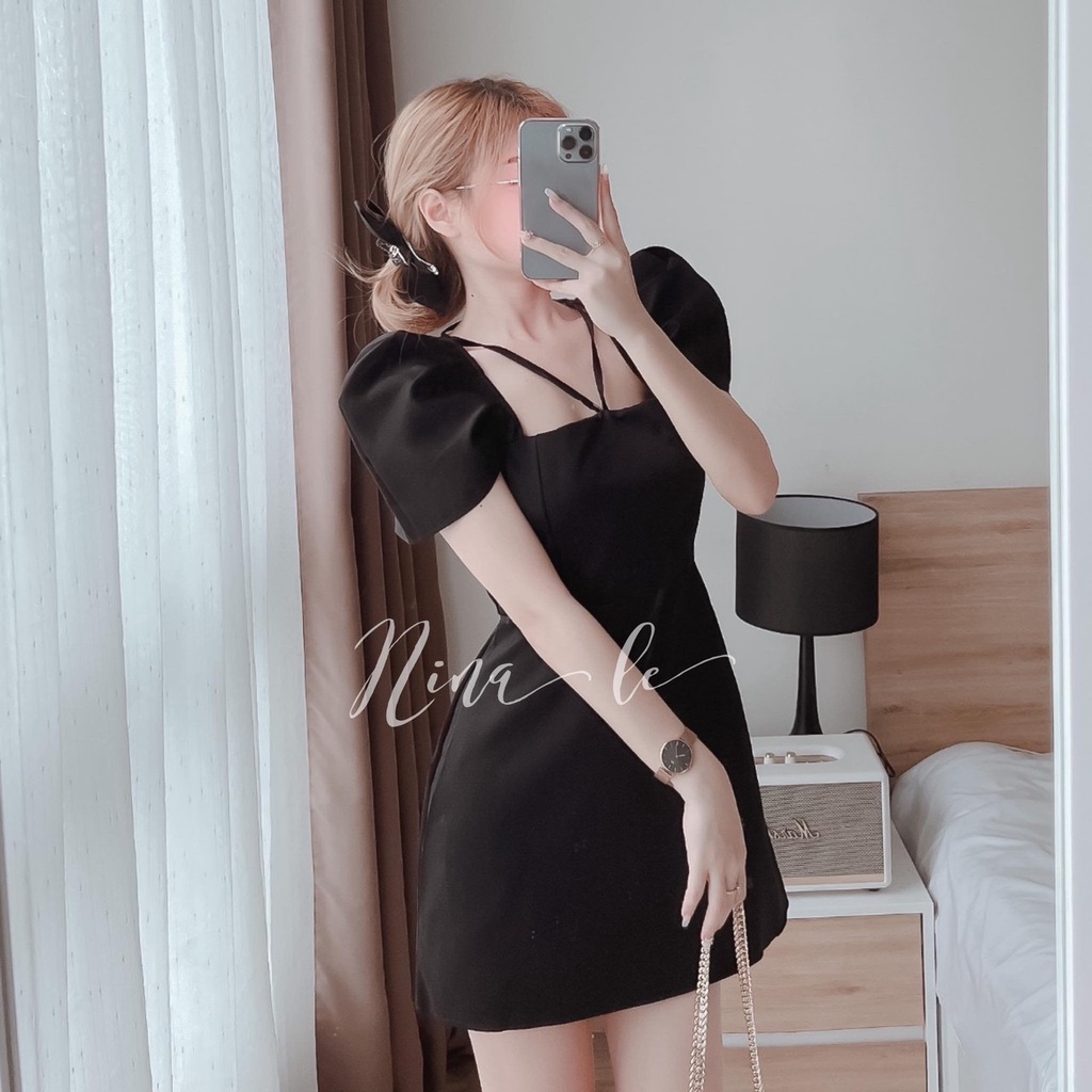 Đầm cổ vuông tay phồng, đầm trắng hở lưng yếm giả điệu đà nữ tính thời trang nữ STCothing