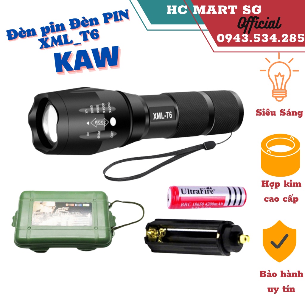 Đèn pin siêu sáng, Đèn PIN XML_T6, Đèn pin Quân dụng sạc bin chống nước full phụ kiện, độ bền cao, đa dụng - Sale Lớn