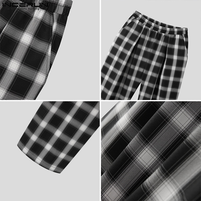 Quần dài Incerun ống rộng lưng thun họa tiết sọc caro phong cách retro cho nam