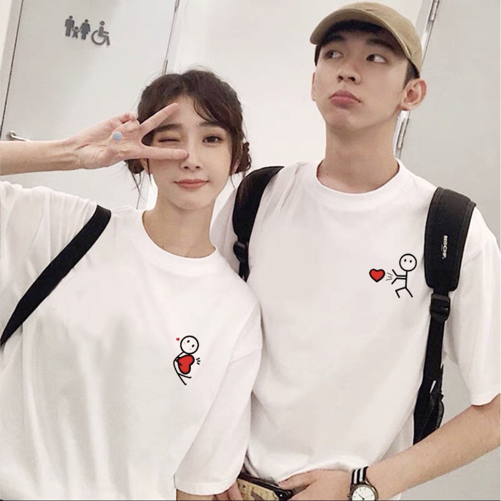 Áo thun (áo phông) cặp đôi dáng unisex Couple Ciu cho nam nữ - Họa tiết người que bắn tim, hai màu đen trắng