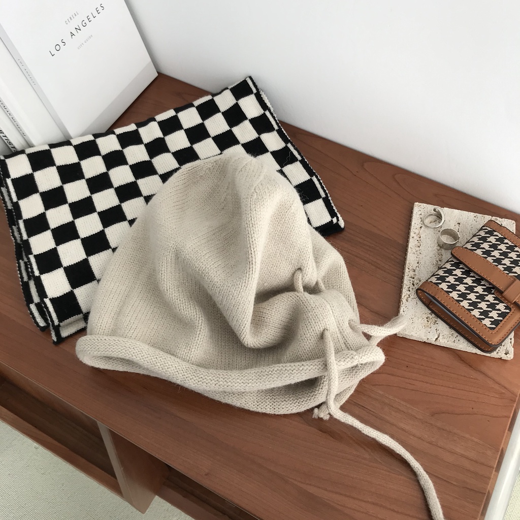 Mũ Len Dệt Kim Màu Trơn Cột Dây Thời Trang Vintage Hàn Quốc Cho Nữ