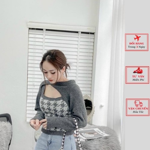 Áo len nữ lệch vai kẻ caro ulzzang Hàn Quốc mùa thu đông phong cách cá tính