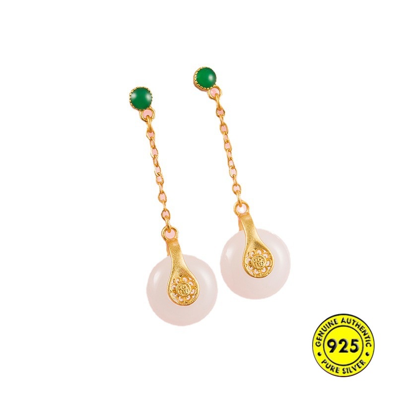 Bông Tai Đính Ngọc Bích Trắng Phong Cách Trung Quốc Cổ Điển Cho Nữ