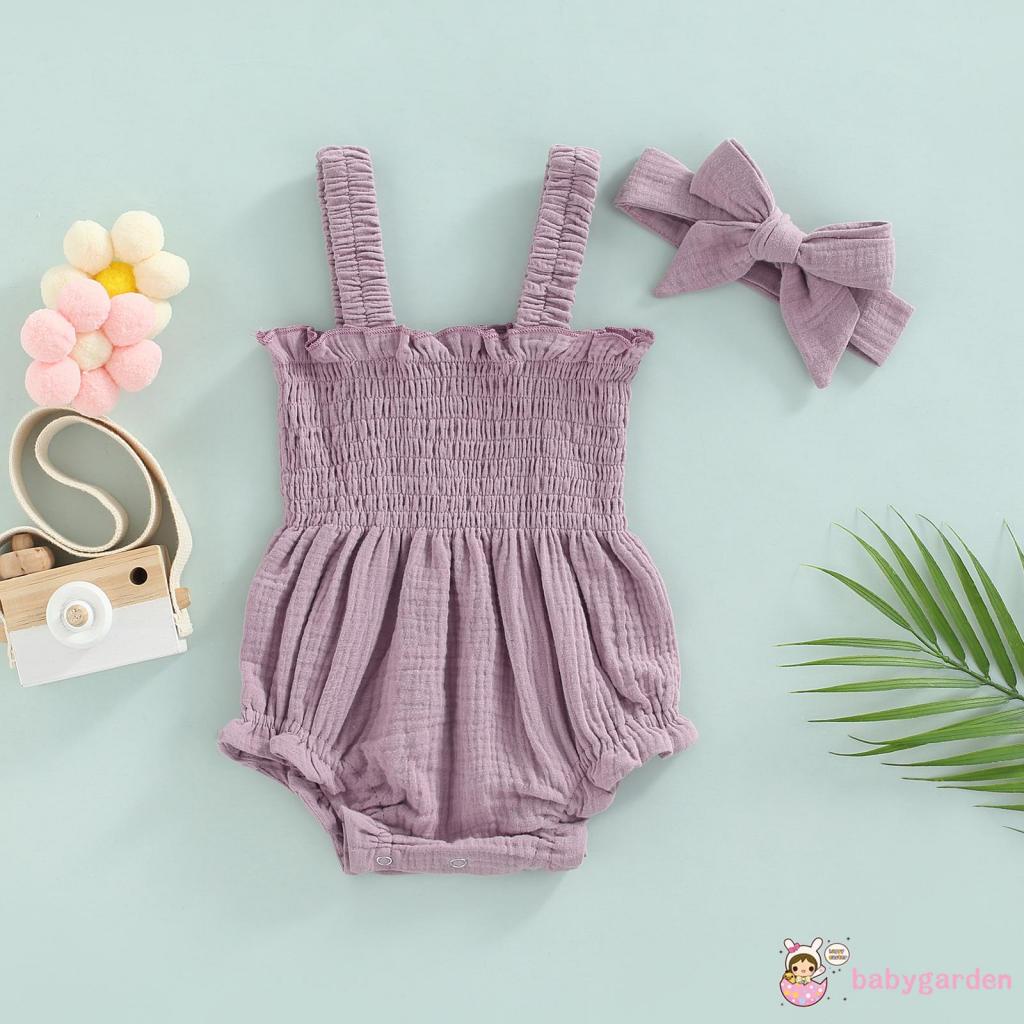 Bộ Áo Liền Quần Mùa Hè Không Tay Màu Trơn Có Diềm Xếp Nếp + Băng Đô Cho Bé Gái 0-24 Tháng Tuổi