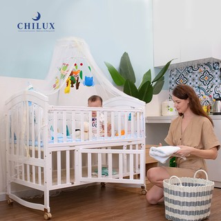 [TRỌN BỘ] Cũi gỗ cho bé Chilux Peace-White quây cotton, có thể lắp thành giường, bàn học - Nôi cũi trắng