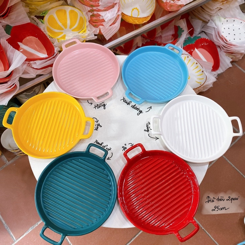 Khay nướng tròn 2 quai, đĩa sứ decor bàn ăn kiểu Bắc Âu