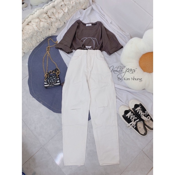 Quần jean trắng baggy rách 2 gối Sang-xịn-mịn. Chất jeans dày dặn
