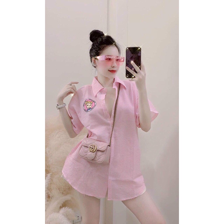 [SƠ MI] Áo Sơ Mi Xốp Cô Gái, Áo Kiểu Nữ Màu Kẻ Phối Chân Váy +Quần Jeans Siêu Sang Chảng | BigBuy360 - bigbuy360.vn