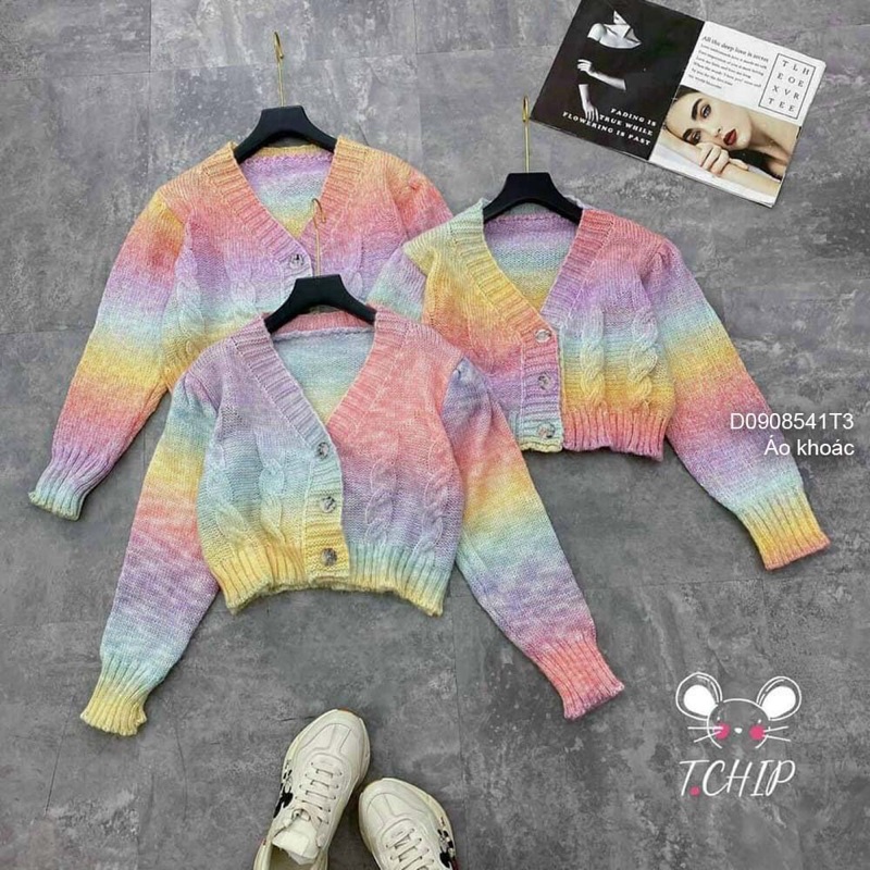 Áo khoác len croptop loang màu cầu vồng cổ V dài tay bo gài 3 nút TT0908