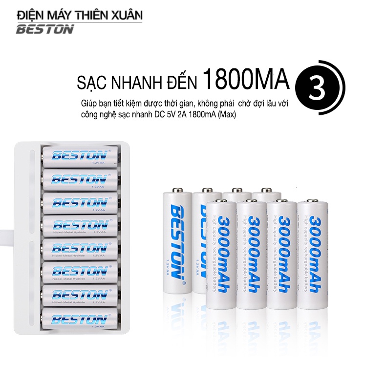 Bộ Sạc 8 pin AA AAA Beston C9010 cho pin sạc công suất lớn, có tính năng sạc nhanh, đèn báo thông mình dùng cho micro..