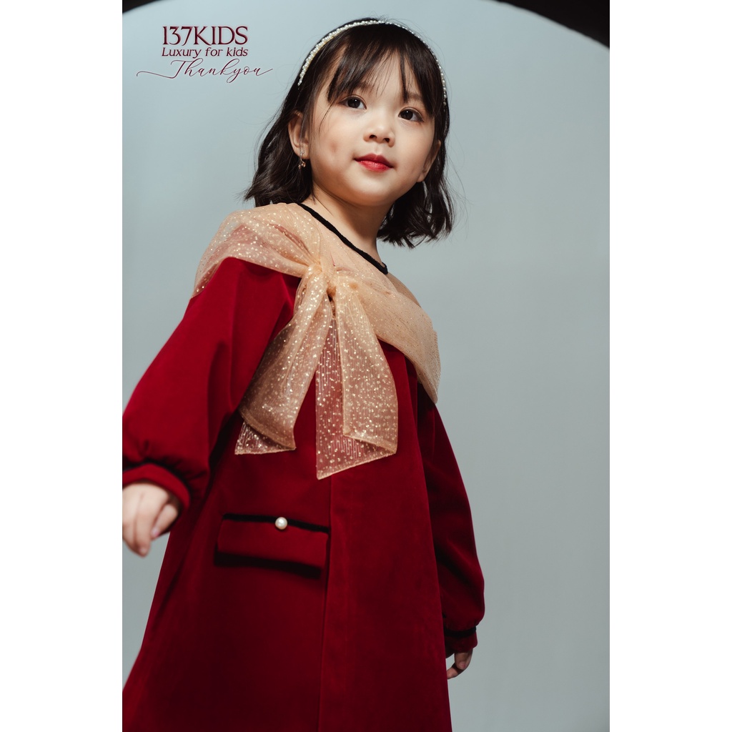 Váy nhung đỏ cổ voan nơ ngực Cherry 137KIDs thiết kế cho bé gái