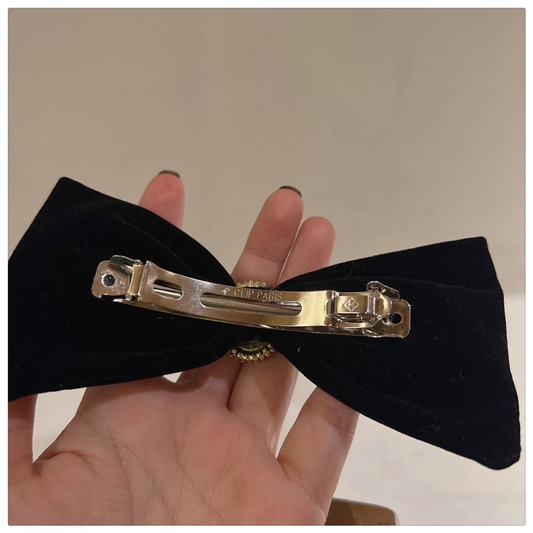 Kẹp Tóc Nơ Nhung Đen Đính Ngọc Trai Phong Cách Retro Cho Nữ