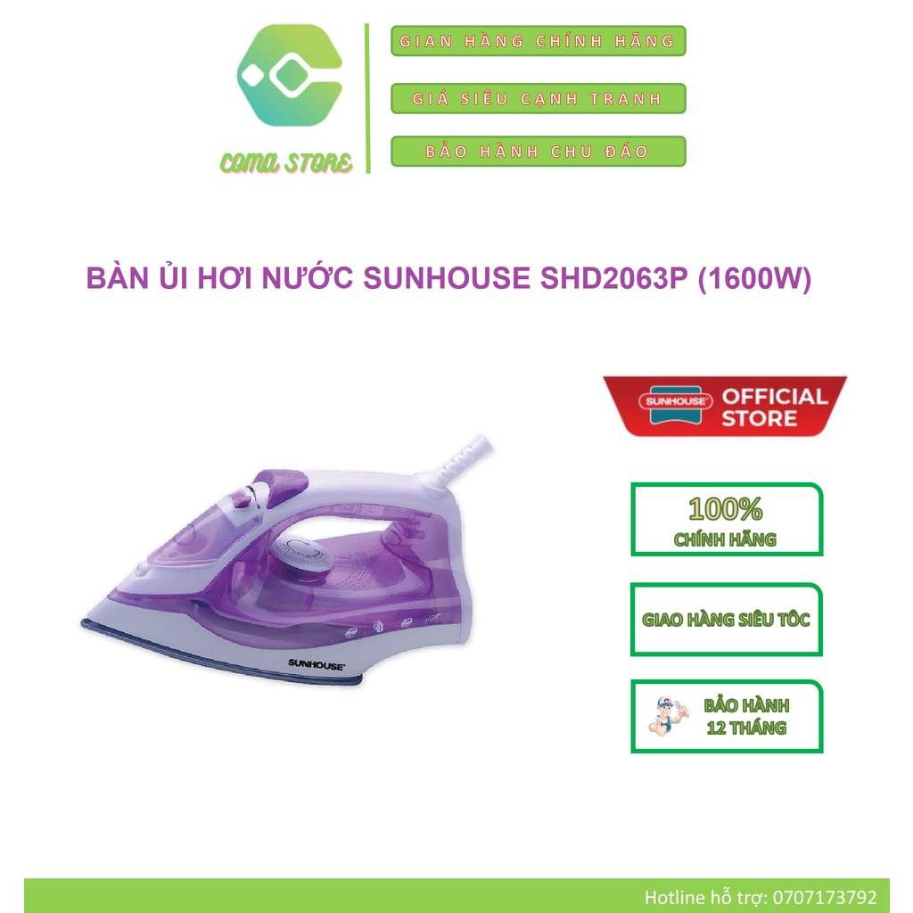 SHD2063P - BÀN ỦI HƠI NƯỚC SUNHOUSE 1600W – BẢO HÀNH CHÍNH HÃNG 12 THÁNG