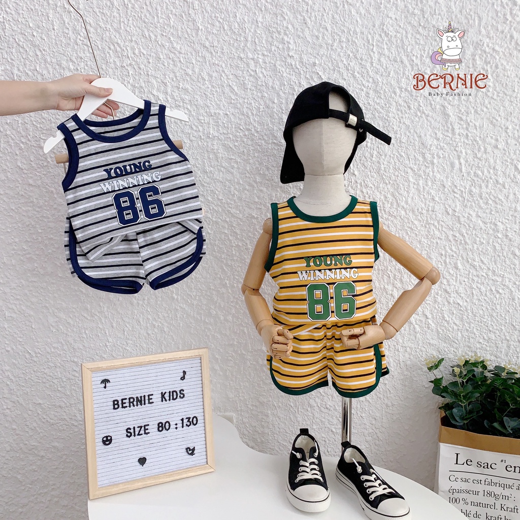 Bộ ba lỗ bé trai hoạ tiết kẻ ngang cá tính, bộ thun không tay thể thao khoẻ khoắn