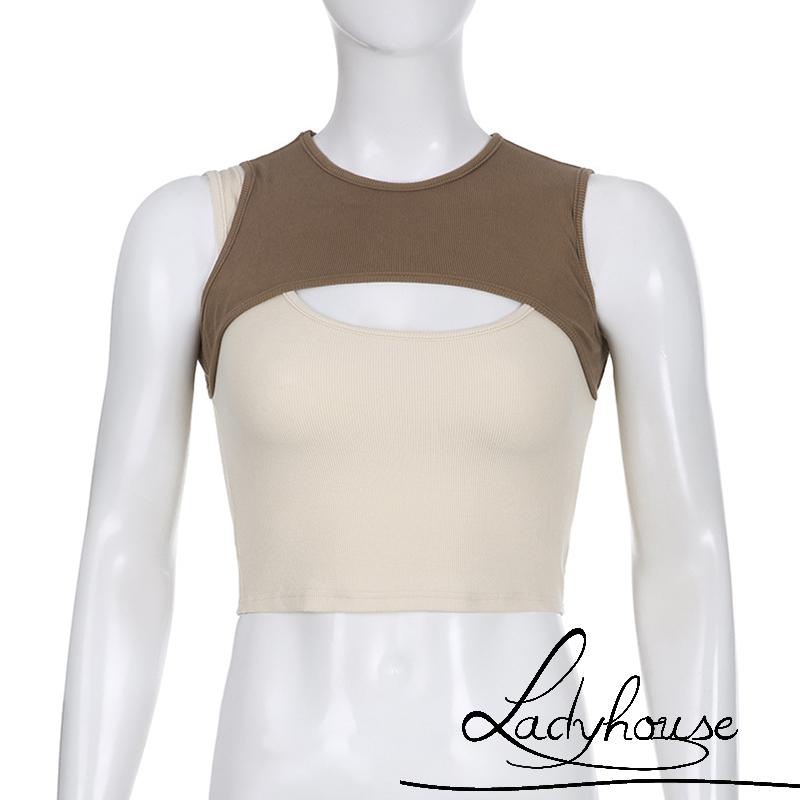 Áo Sát Nách Cổ Tròn Cắt Xẻ Trước Dáng Ôm Màu Tương Phản Thời Trang Đường Phố Cho Nữ