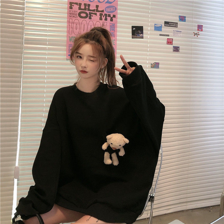 Áo len tay dài cổ tròn trang trí chú gấu dễ thương thời trang mùa thu 2020 phong cách Hàn Quốc dành cho bạn nữ