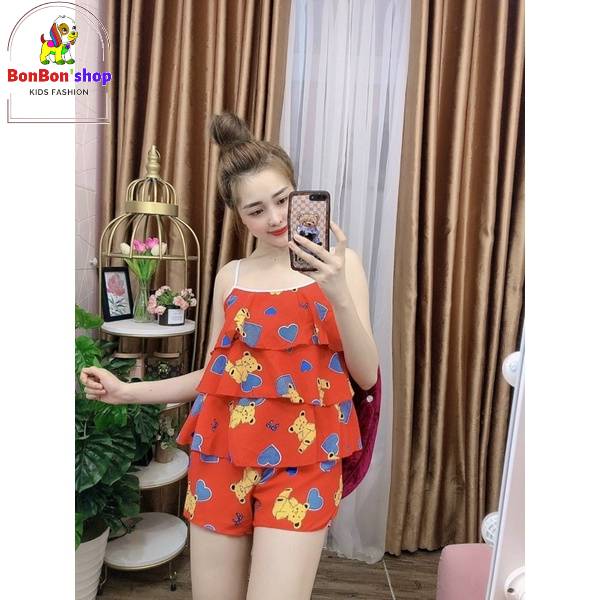 Đồ BD06# Quần áo ngủ 2 dây sexy, Bộ Ngắn Phối Tầng Hai Dây Vải Voan Mềm Mát Siêu Xinh Freesize dưới 55kg