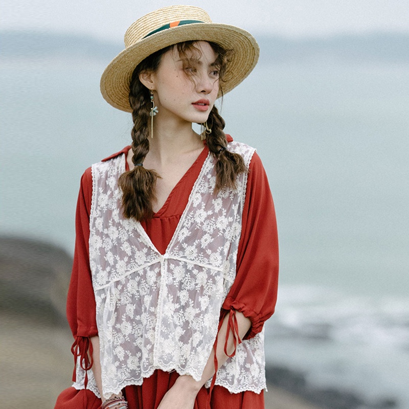 Áo Không Tay Phối Ren Hoa Phong Cách Vintage Thời Trang Cho Nữ