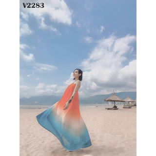 Đầm maxi 2 dây màu sắc cầu vồng ombre 2 lớp