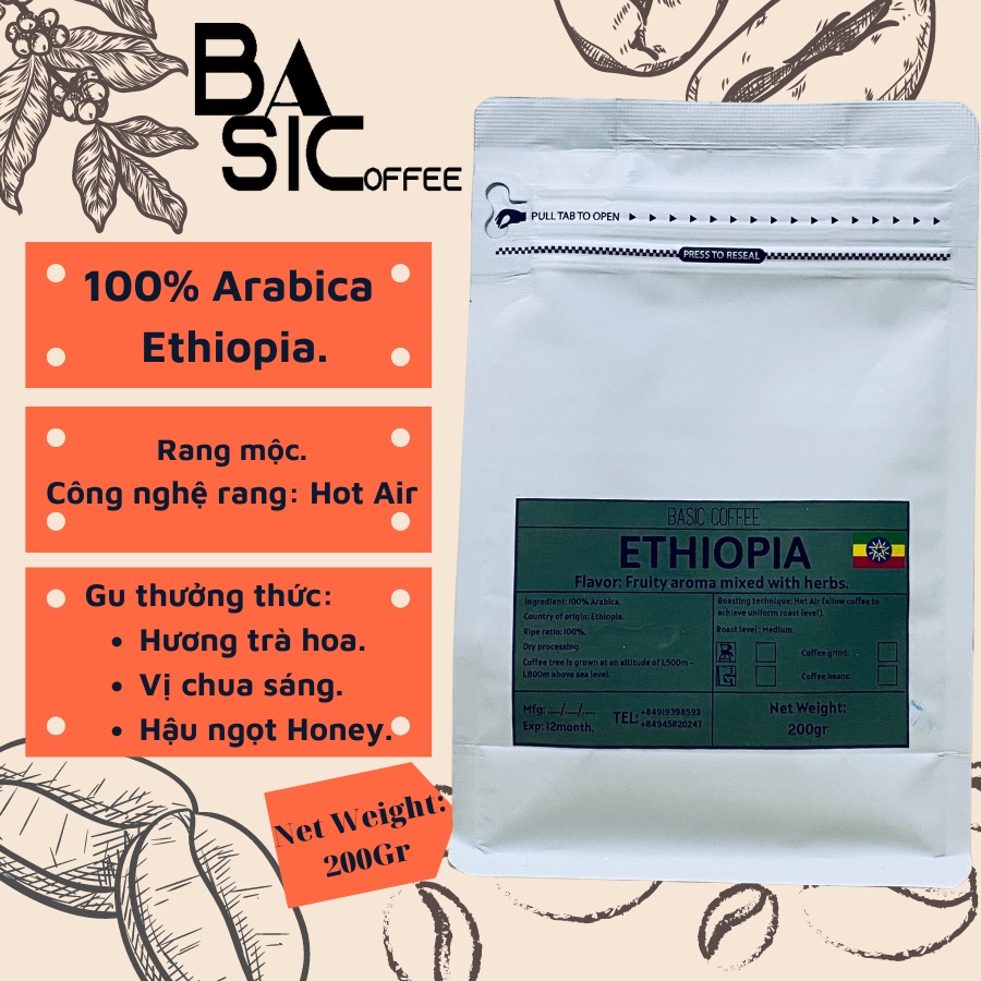 Cà Phê Arabica Ethiopia Sidamo Nhập Khẩu Basic Coffee 200gr Nguyên Hạt