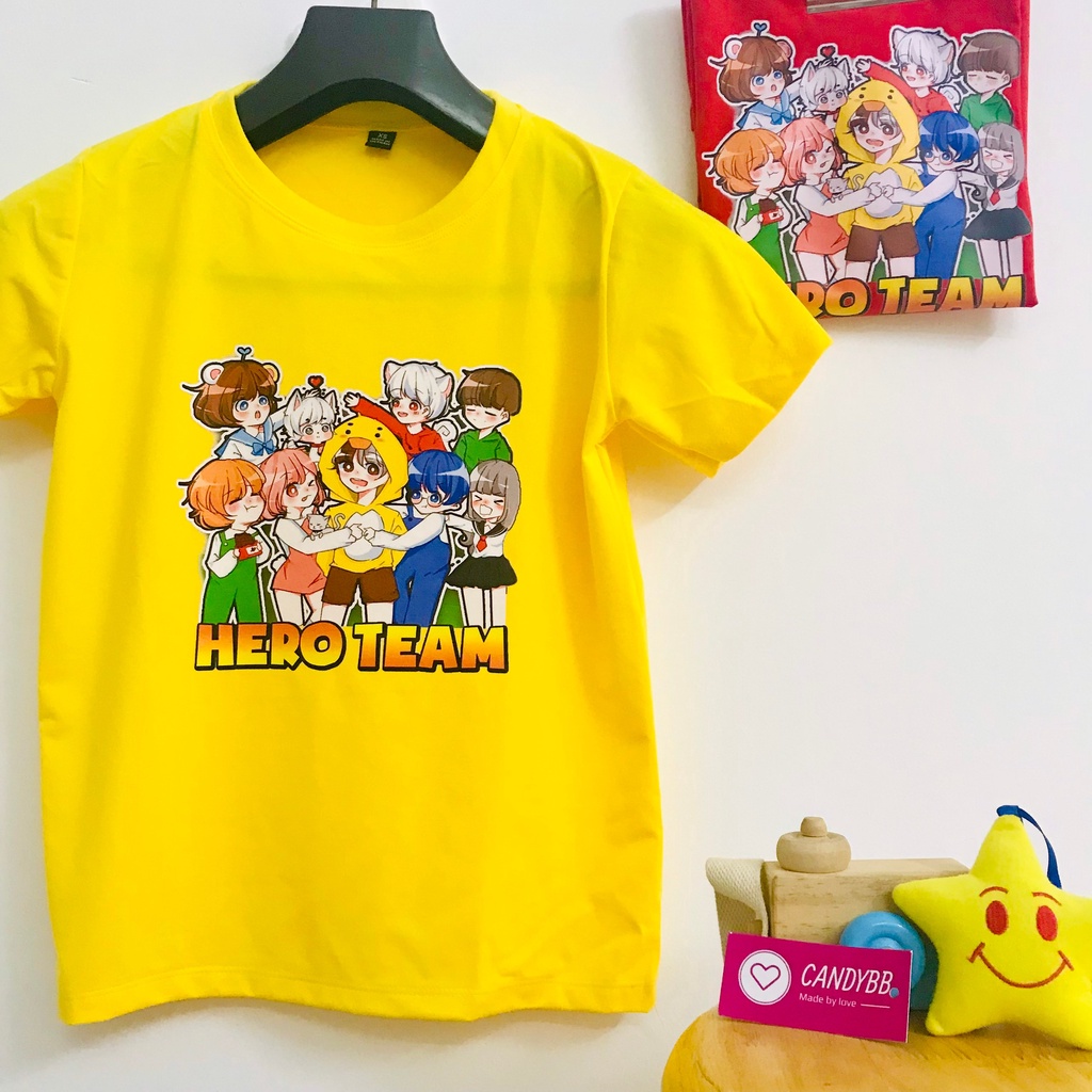 Áo thun màu bé trai và bé gái in hình Hero team, Áo thun mềm mịn, thấm hút mồ hôi cho bé từ 10 - 50kg