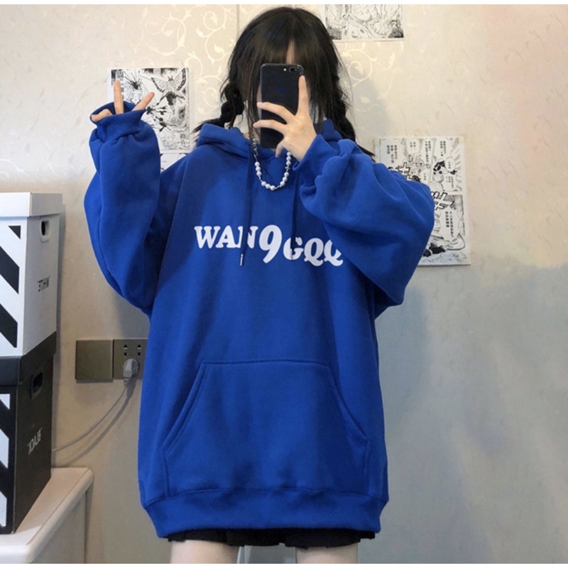 Áo Hoodie Nỉ Bông WAN9GQQ Unisex Tay Suông Mũ 2 Lớp Túi Bụng To